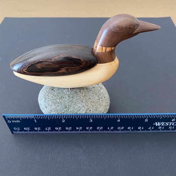 Cute Wooden Duck Sitting On A Stone Figurine - Picture 3 of 5